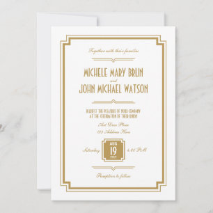 Art Deco Gold Weiße Rückseite Text Hochzeitseinlad Einladung