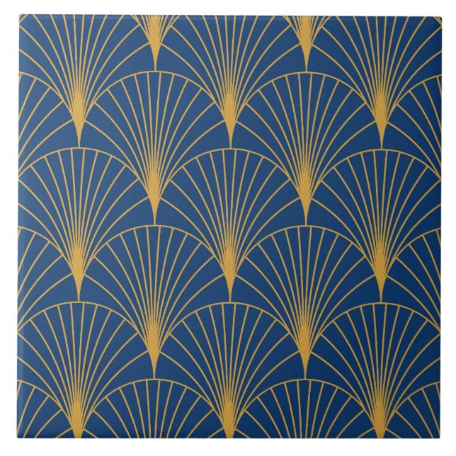 Art Deco Golden Geometric Fans auf blauem Navy Fliese (Vorderseite)