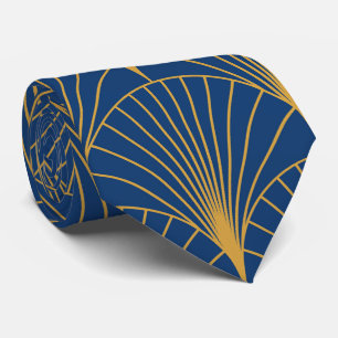 Art Deco Golden Geometric Fans auf blauem Navy Krawatte