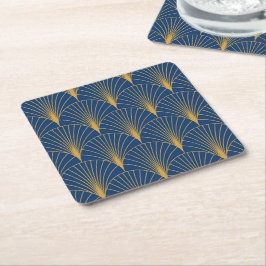 Art Deco Golden Geometric Fans auf blauem Navy Rechteckiger Pappuntersetzer