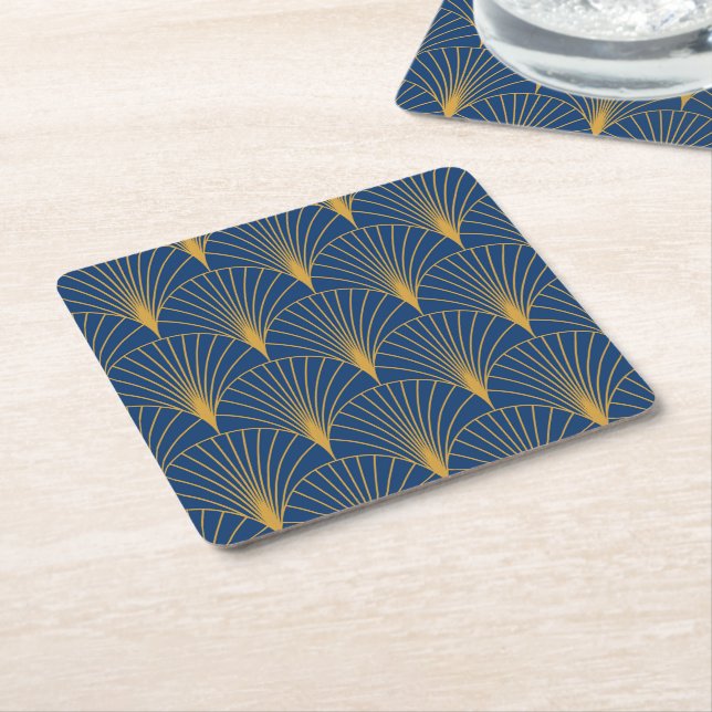 Art Deco Golden Geometric Fans auf blauem Navy Rechteckiger Pappuntersetzer (angewinkelt)