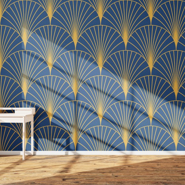 Art Deco Golden Geometric Fans auf blauem Navy Tapete (Von Creator hochgeladen)