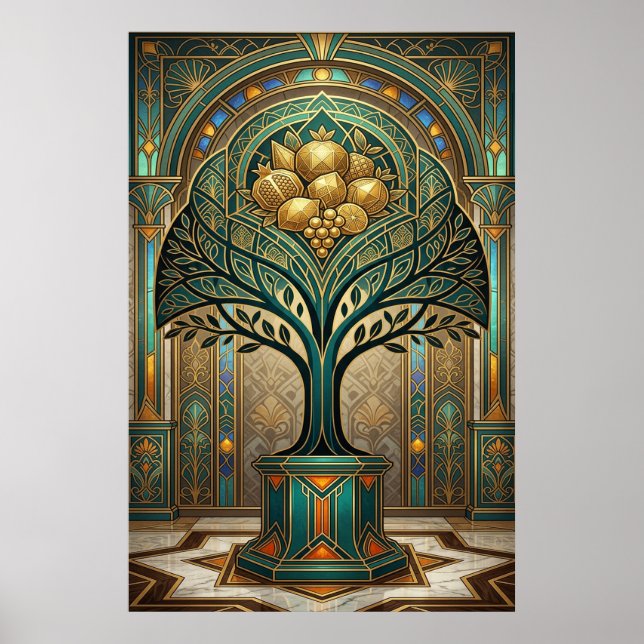 Art Deco Golden Harvest Fruit Tree Gold Teal Poste Poster (Vorne)