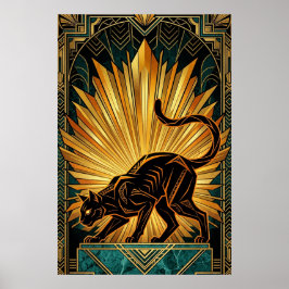 Art Deco Golden Radiance Schwarze Katzenwandkunst Poster