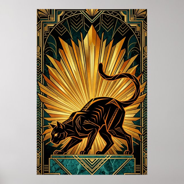 Art Deco Golden Radiance Schwarze Katzenwandkunst Poster (Vorne)