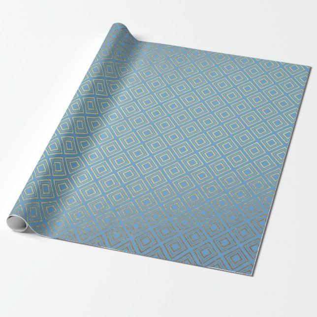 Art Deco Golden Squares Blue Geometric Vip Geschenkpapier (Ungerollt)