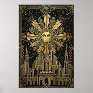 Art Deco Golden Sun Face Palace Poster   Himmlisch