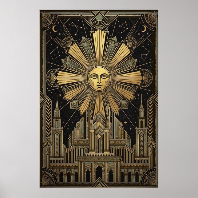 Art Deco Golden Sun Face Palace Poster | Himmlisch (Vorne)