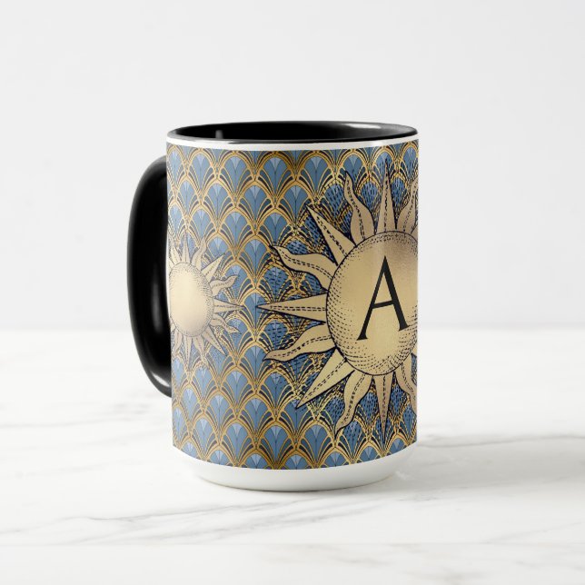 Art Deco Golden Sun & Initial Tasse (Vorderseite Links)