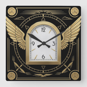 Art Deco Goldene Flügel Quadratische Wanduhr