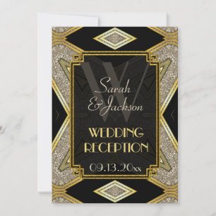 Art Deco Goldene Schwarze Hochzeitsempfangs Einlad Einladung