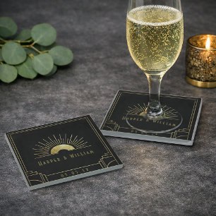 Art Deco Goldene Sonnenstrahlen-Hochzeit Glasuntersetzer