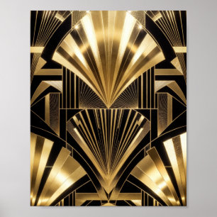 Art Deco Goldene Sonnenstrahlen Schwarzes Gold Geo Poster