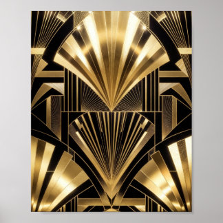 Art Deco Goldene Sonnenstrahlen Schwarzes Gold Geo Poster