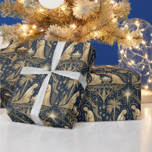 Art Deco Goldene Weihnachtsmuster auf Navy Blau Geschenkpapier