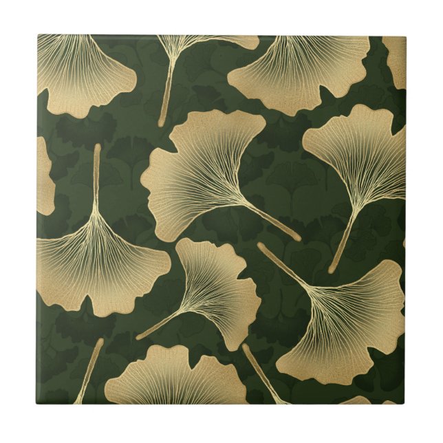 Art Deco Goldenes Botanisches Muster Fliese (Vorderseite)