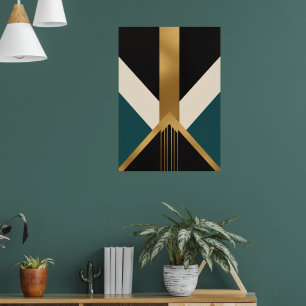 Art Deco Goldkreuzposter   Schwarze Teal-Geometrie Poster