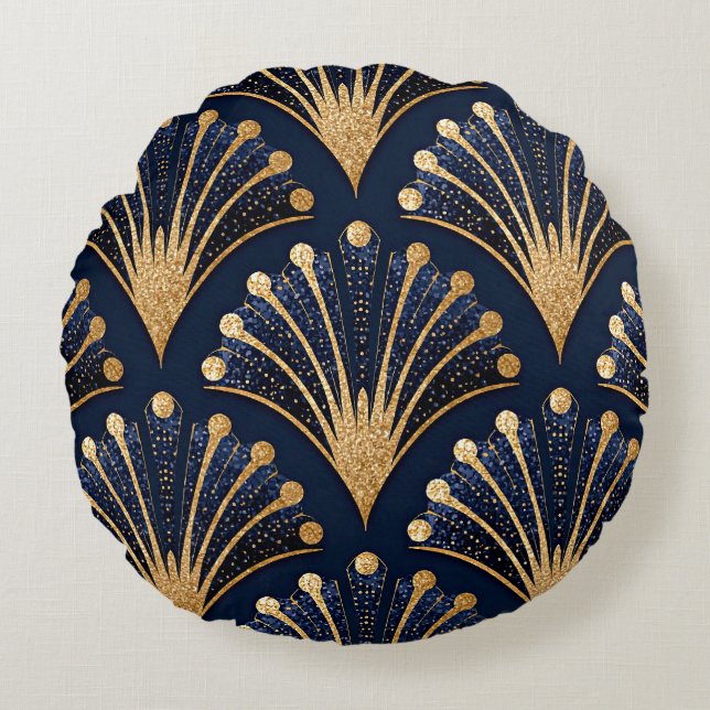Art Deco Goldmuster Rundes Kissen (Vorderseite)