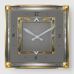 Art Deco Grau Quadratische Wanduhr