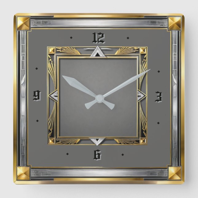 Art Deco Grau Quadratische Wanduhr (Vorderseite)