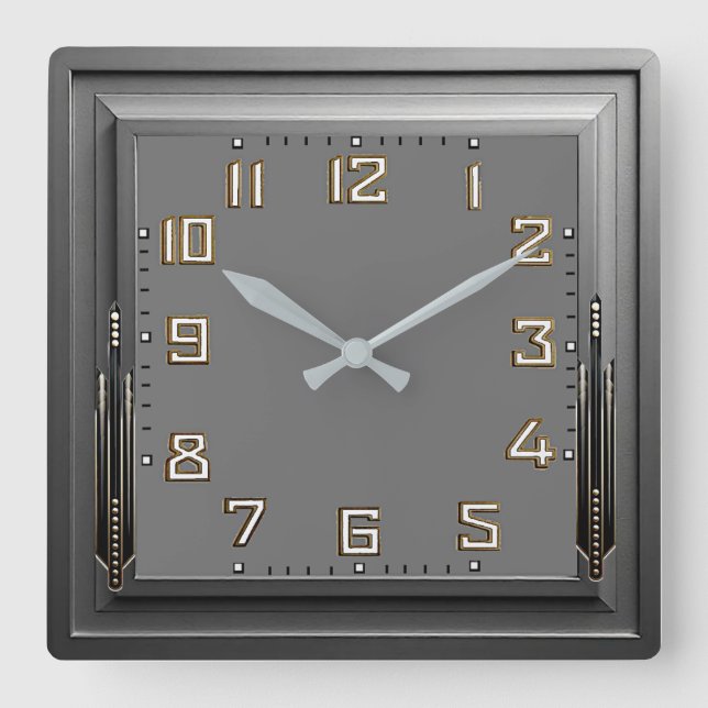 Art Deco Grau Quadratische Wanduhr (Vorderseite)