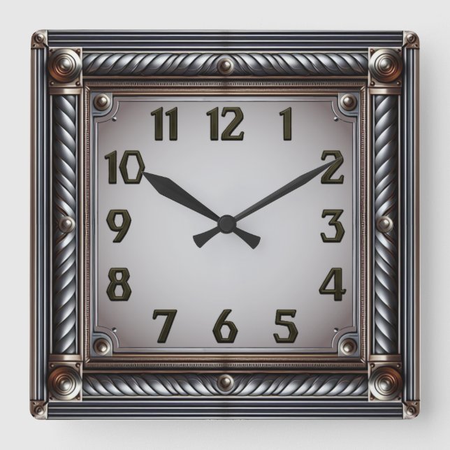 Art Deco Grau Quadratische Wanduhr (Vorderseite)