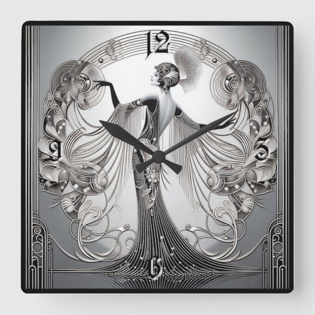 Art Deco Grau Quadratische Wanduhr (Vorderseite)