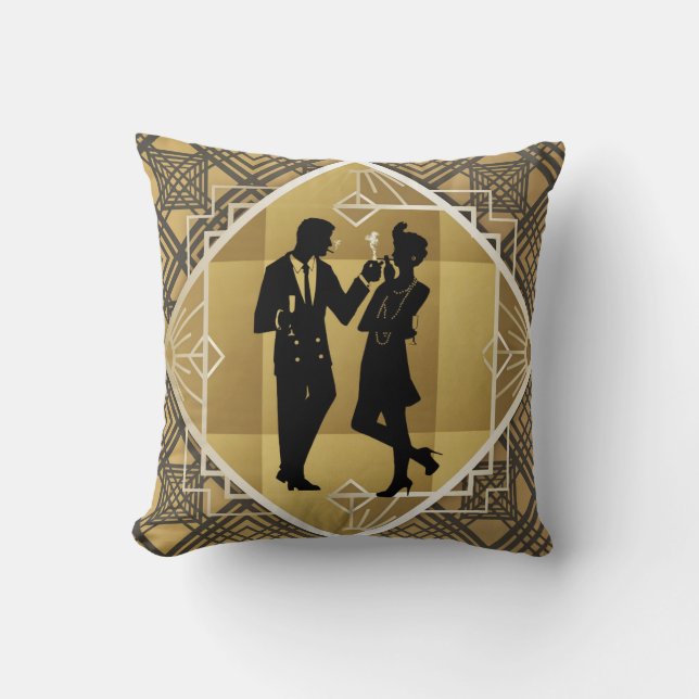 Art Deco Great Gatsby Black Gold Flapper Couple Kissen (Vorderseite)