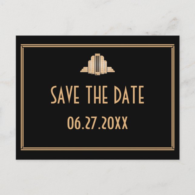 Art Deco Great Gatsby Black Gold Save the Date Ankündigungspostkarte (Vorderseite)