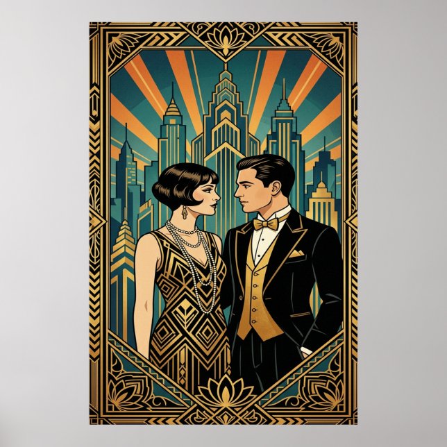 Art Deco Great Gatsby Couple City Skyline Poster (Vorne)