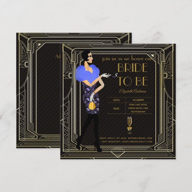 Art Deco Great Gatsby Roaring 20er Brautparty Bl Einladung (Vorne/Hinten)