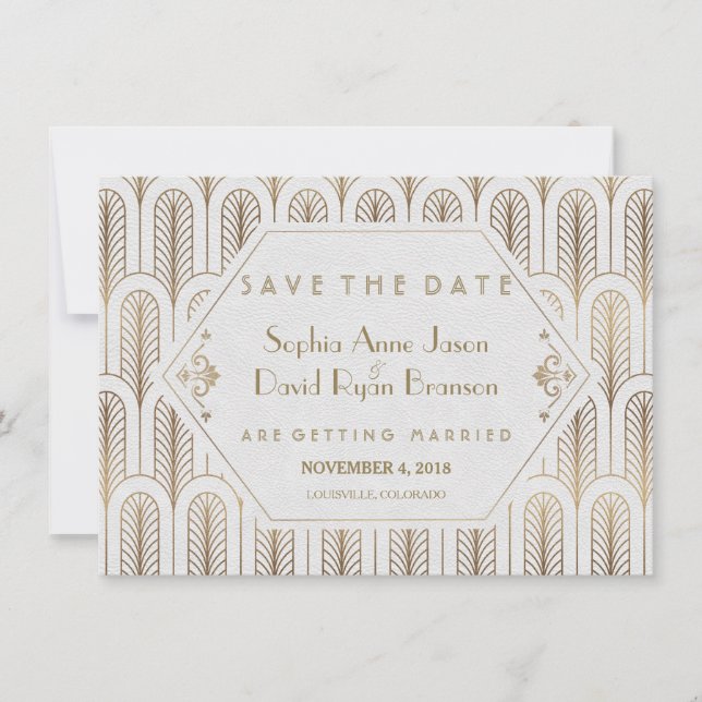 Art Deco Great Gatsby White Gold Save the Date (Vorderseite)