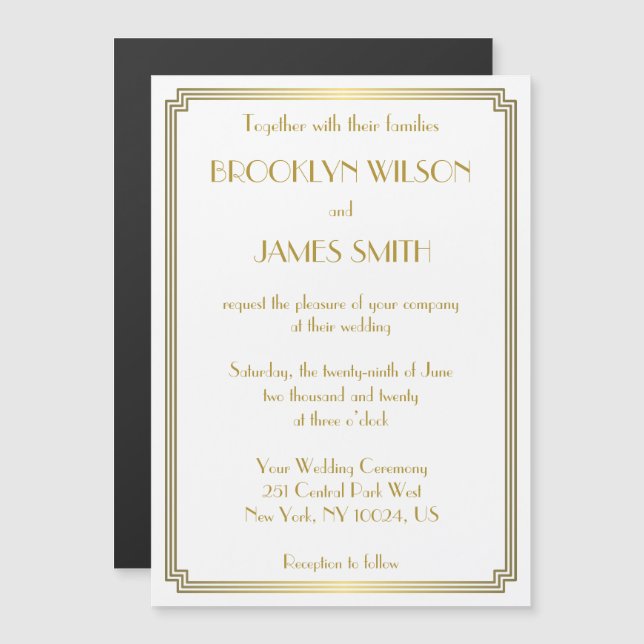 Art Deco Great Gatsby White Magnet Hochzeit Einlad (Vorne/Hinten)