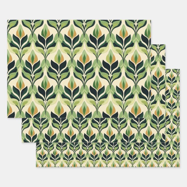 Art Deco Green Leaf Wrapping Paper Flat Sheet Set Geschenkpapier Set (Set)