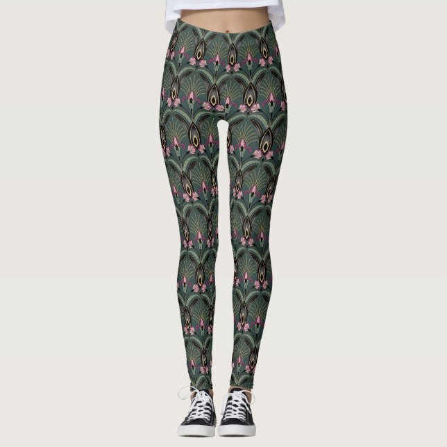 Art Deco Green Print Leggings (Vorderseite)