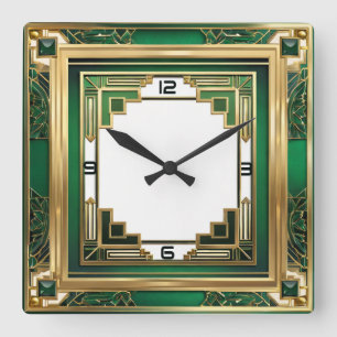 Art Deco Green Quadratische Wanduhr