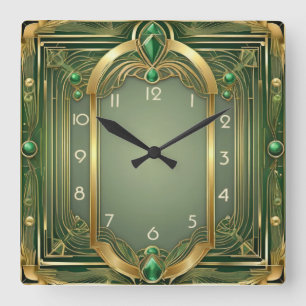 Art Deco Green Quadratische Wanduhr