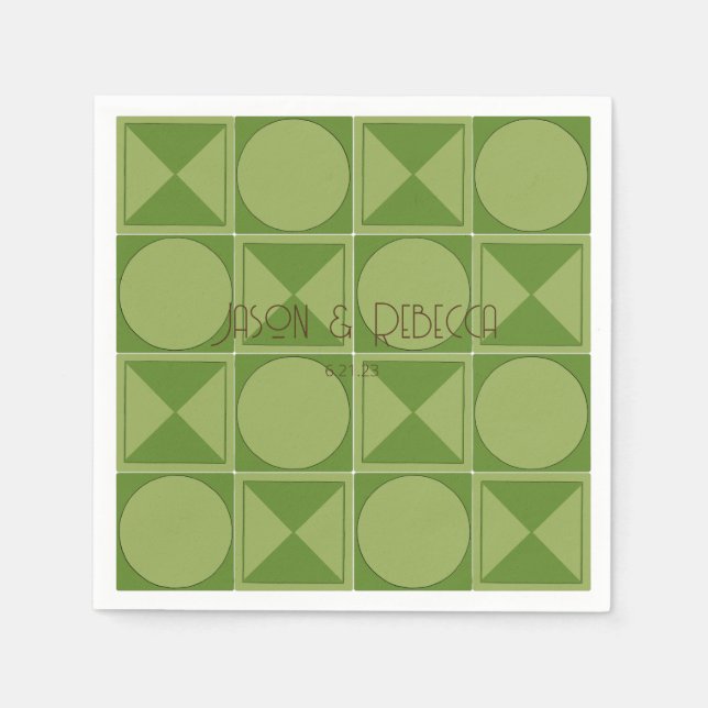 Art Deco Green Retro Geometric Mit Monogramm Weddi Serviette (Vorderseite)