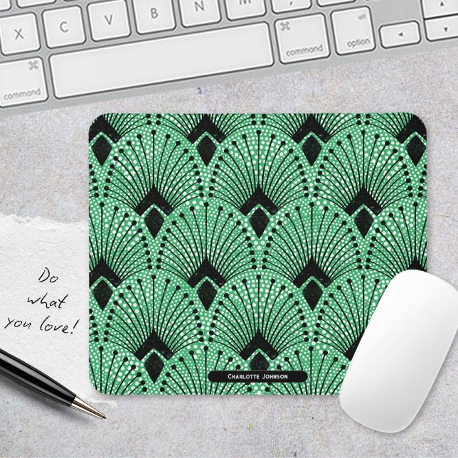 Art Deco Green Schwarz-weiß Retro Pfauenmuster Mousepad (Art Deco Green Black White Retro Peacock Pattern Mouse Pad ©Susanne Sachers - Sunny Mind 🌞)