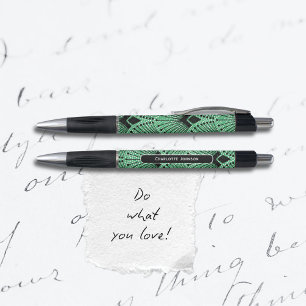 Art Deco Green Schwarz-weißes Vintages Pfauenmuste Kugelschreiber