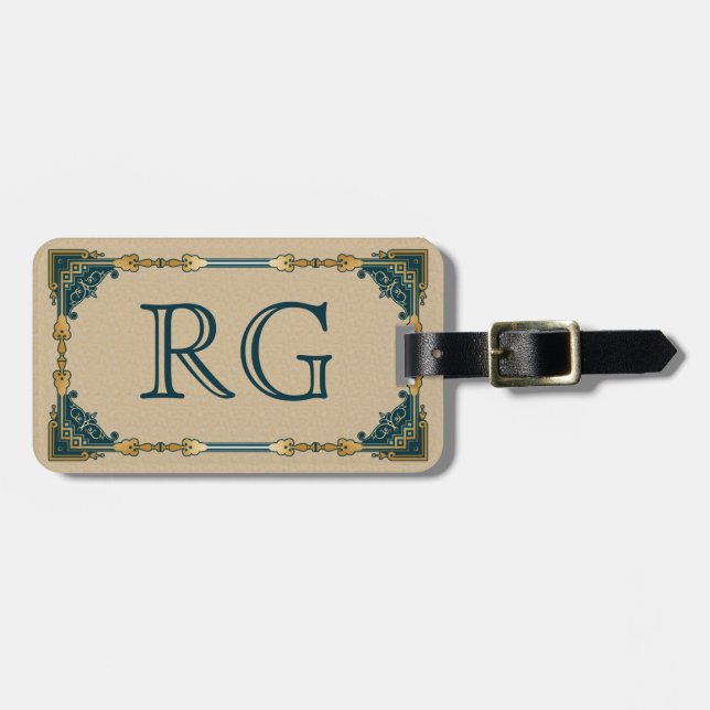 Art Deco Green und Gold Gerahmt Monogram Gepäckanhänger (Vorderseite horizontal)