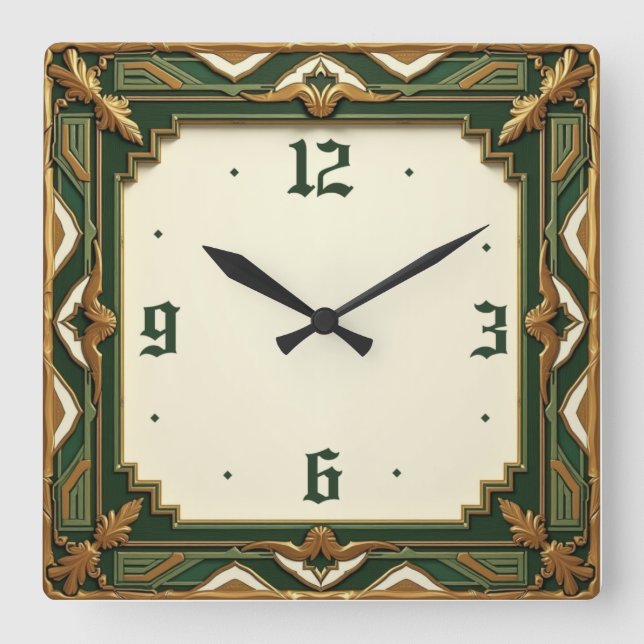 Art Deco Grün Quadratische Wanduhr (Vorderseite)