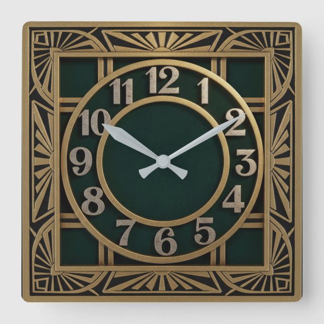Art Deco Grün Quadratische Wanduhr (Vorderseite)