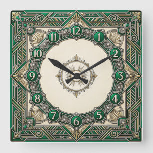 Art Deco Grün Quadratische Wanduhr