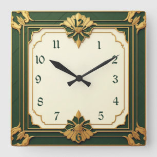 Art Deco Grün Quadratische Wanduhr