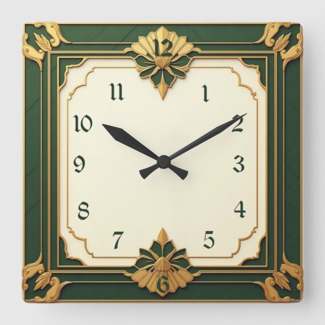 Art Deco Grün Quadratische Wanduhr (Vorderseite)