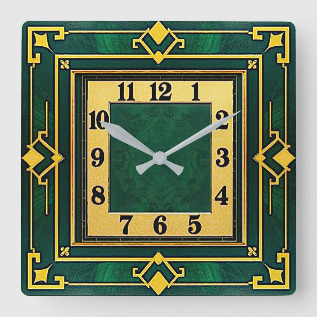 Art Deco Grün Quadratische Wanduhr (Vorderseite)