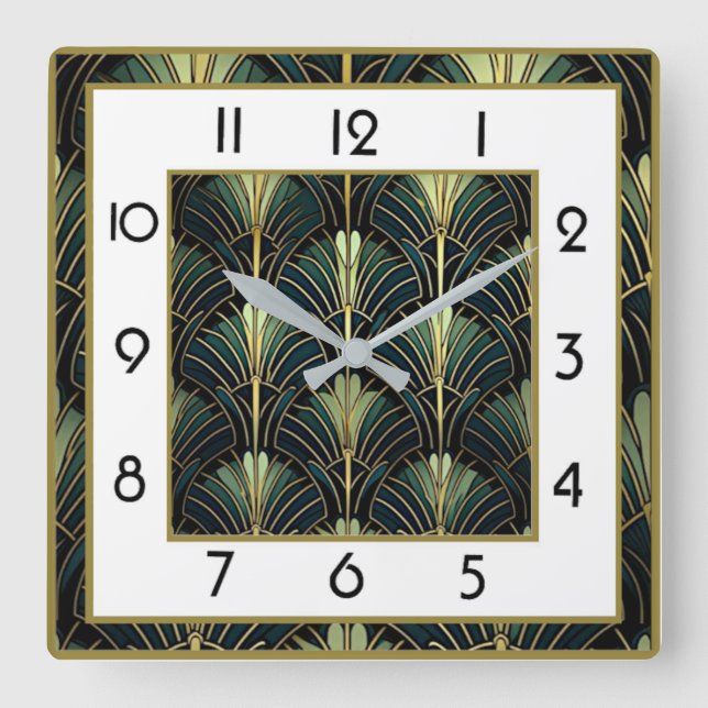 Art Deco Grün Quadratische Wanduhr (Vorderseite)
