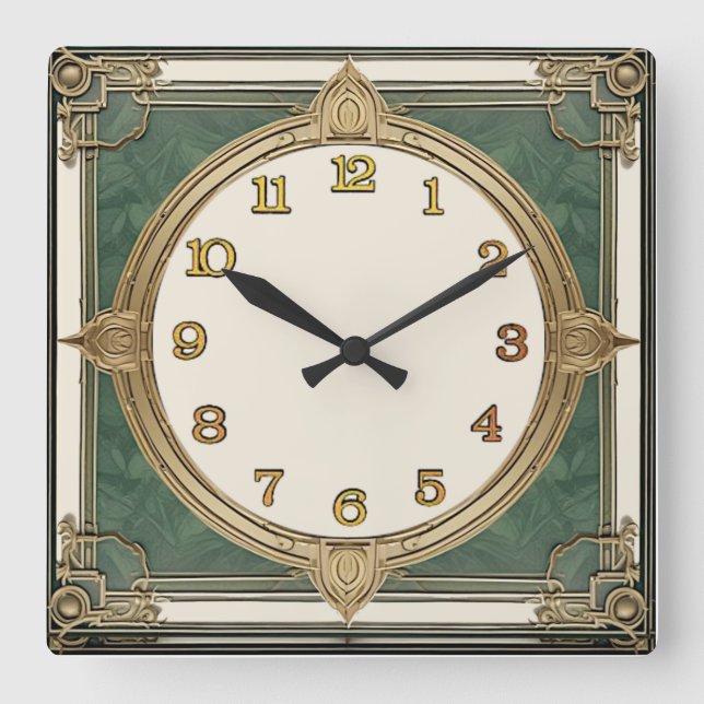 Art Deco Grün Quadratische Wanduhr (Vorderseite)