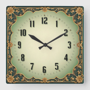 Art Deco Grün Quadratische Wanduhr